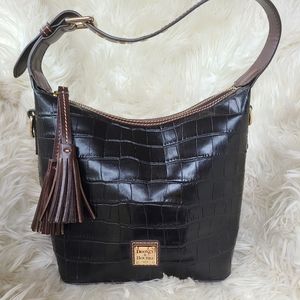 Dooney & Bourke Black Croc-Embossed Leather Hobo with Brown Tassel